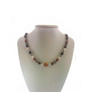 Colier cu pietre jasp rosu, cuart fumuriu, granat si onix